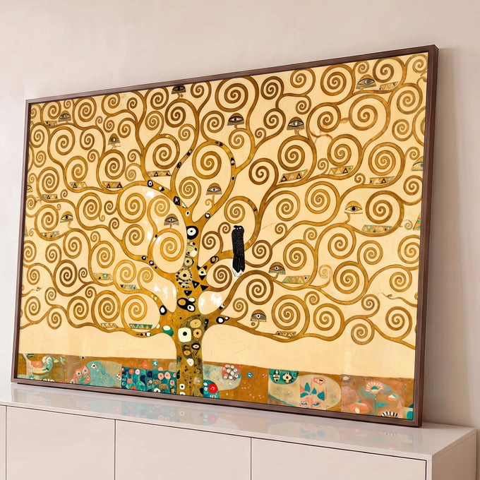 Quadro Decorativo Grande Arvore da Vida para Sala Dourado | quadros decorativos para sala | árvore dourada com galhos em espiral e jardim colorido na base | Porao dos Quadros