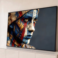 Quadro Decorativo Grande Rosto Tribal para Sala Azul - Borda Infinita / 65x100cm