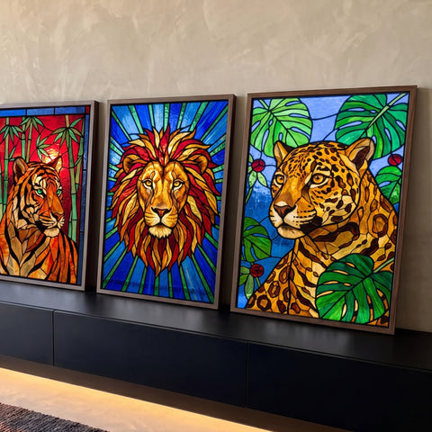 Quadro Decorativo Grande Trio com Leão para Sala Vermelho | quadros decorativos para sala | trio de felinos tigre leão e onça em estilo vitral colorido | Porao dos Quadros