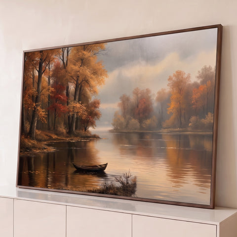 Pintura de rio sereno no outono com canoa de madeira e árvores alaranjadas refletidas, quadro decorativo