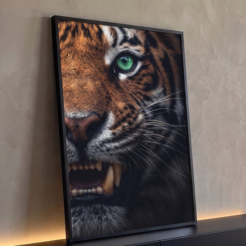 Close de meia face de tigre rosnando com olho verde e presas sobre fundo escuro, quadro decorativo