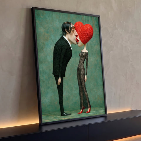 Casal surreal se beijando, mulher com cabeça de coração vermelho e fundo verde, quadro decorativo