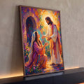 Quadro Decorativo Grande Jesus Abençoando para Sala Laranja | quadros decorativos para sala | Jesus abençoando mulher ajoelhada em jardim colorido com luz dourada ao fundo | Porao dos Quadros