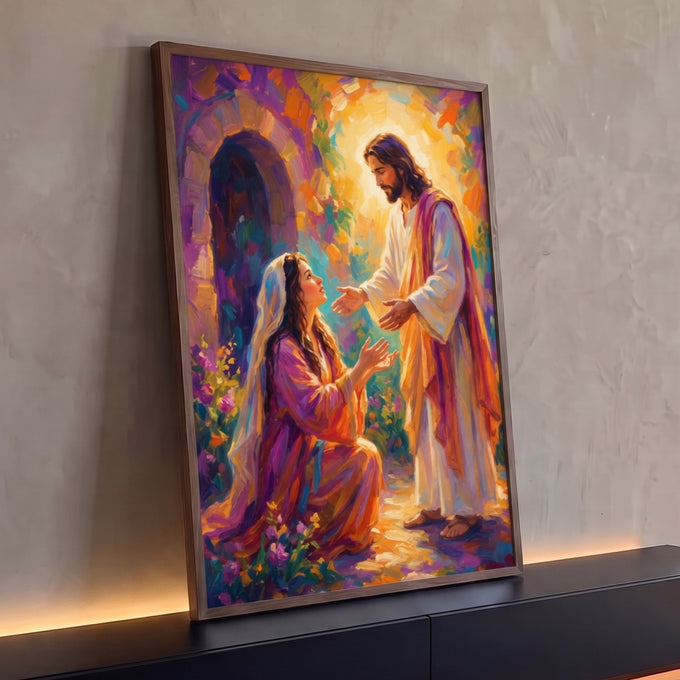 Quadro Decorativo Grande Jesus Abençoando para Sala Laranja | quadros decorativos para sala | Jesus abençoando mulher ajoelhada em jardim colorido com luz dourada ao fundo | Porao dos Quadros