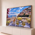 Quadro Decorativo Grande Gato na Varanda para Sala Azul | quadros decorativos para sala | gato ruivo numa cadeira de vime com vista para vila italiana à beira-mar | Porao dos Quadros