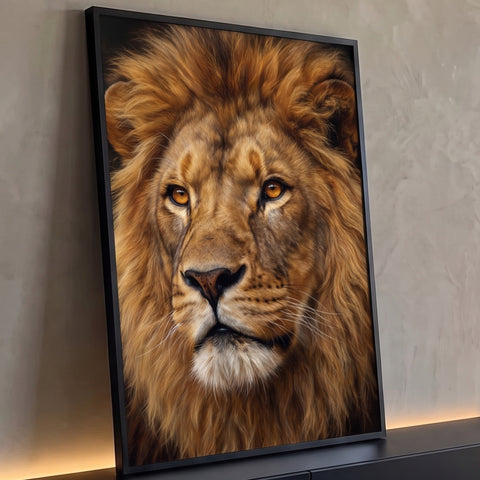 Rosto de leão realista em close frontal, juba dourada, olhos âmbar e fundo escuro, quadro decorativo