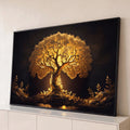Quadro Decorativo Grande Árvore Dourada Contraste para Sala | quadros decorativos para sala | árvore dourada brilhante com galhos entrelaçados sobre fundo preto profundo | Porao dos Quadros