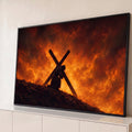 Quadro Decorativo Grande Jesus Carregando Laranja para Sala | quadros decorativos para sala | homem carregando grande cruz de madeira cercado por chamas intensas | Porao dos Quadros