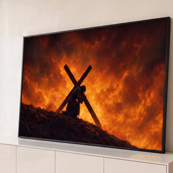 Quadro Decorativo Grande Jesus Carregando Laranja para Sala | quadros decorativos para sala | homem carregando grande cruz de madeira cercado por chamas intensas | Porao dos Quadros