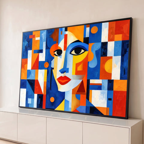 Rosto de mulher cubista com lábios vermelhos entre blocos geométricos azuis e laranja, quadro decorativo