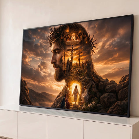 Rosto de Jesus com coroa de espinhos, Santa Ceia, cruz e túmulo vazio ao pôr do sol, quadro decorativo