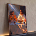 Quadro Decorativo Grande Jesus em Oração para Sala Laranja | quadros decorativos para sala | Jesus de manto branco em oração ao lado de discípulo, luz azul no fundo escuro | Porao dos Quadros