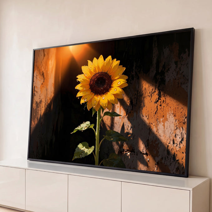 Girassol amarelo com gotas de orvalho iluminado por raio de sol em muro rústico laranja, quadro decorativo