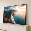 Quadro Decorativo Grande Falésias Verdes para Sala Azul | quadros decorativos para sala | vista aérea de falésias verdes, praia branca e mar turquesa ao pôr do sol | Porao dos Quadros