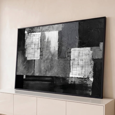 Pintura abstrata texturizada com blocos sobrepostos em preto, branco e cinza, quadro decorativo
