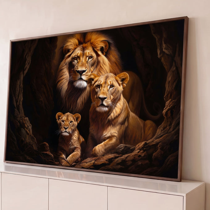 Leão de juba farta, leoa e filhote juntos em toca rochosa escura, pintura realista quadro decorativo