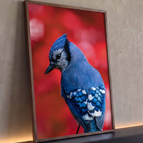 Pássaro gaio-azul de crista em perfil, penas azuis e brancas, fundo vermelho desfocado, quadro decorativo