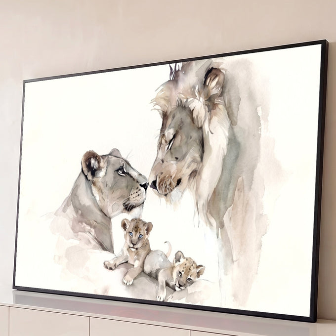 Quadro Decorativo Grande Família Leões Aquarela para Sala | quadros decorativos para sala | leoa, leão e dois filhotes em aquarela de tons bege e cinza | Porao dos Quadros