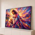 Quadro Decorativo Grande Jesus com Cordeiro para Sala Roxo | quadros decorativos para sala | homem de manto segurando cordeiro branco com fundo abstrato colorido | Porao dos Quadros