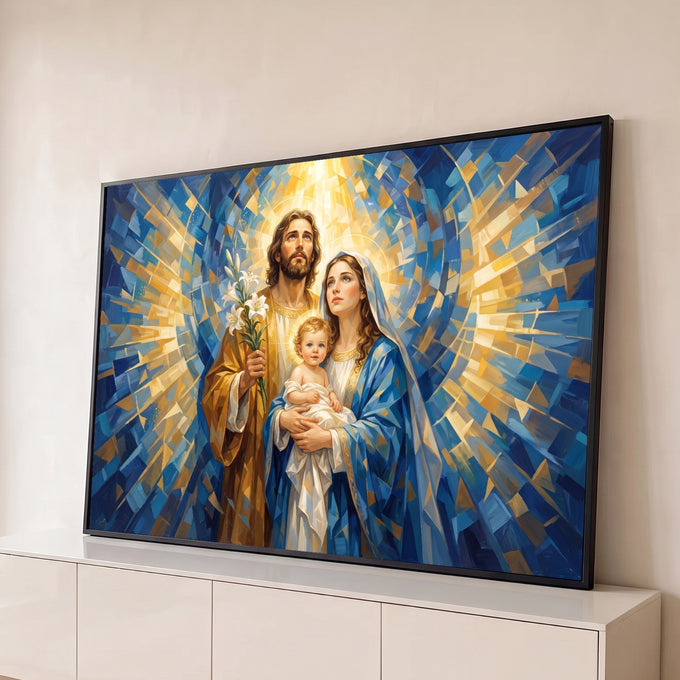 Sagrada Família com Menino Jesus, José com lírios e Maria de manto azul em mosaico de luz, quadro decorativo