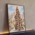 Quadro Decorativo Grande Torres de Livros para Sala Bege | quadros decorativos para sala | crianças lendo sobre torres de livros coloridos com cidade em aquarela ao fundo | Porao dos Quadros