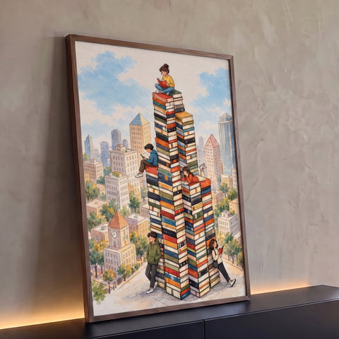 Jovens lendo no alto de torres de livros coloridos com prédios da cidade em aquarela, quadro decorativo
