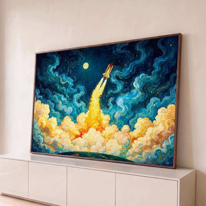 Foguete decolando rumo à lua em céu estrelado azul com redemoinhos e nuvens de fogo douradas, quadro decorativo