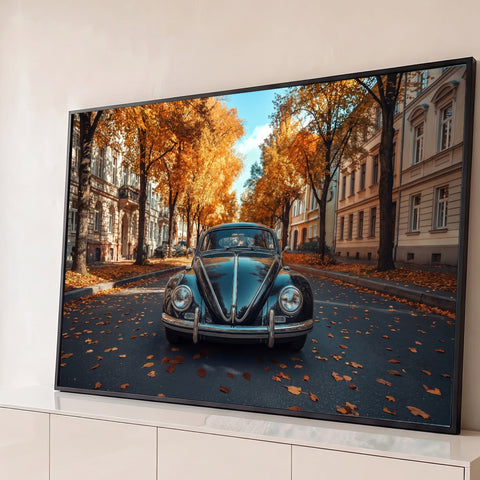 Fusca preto clássico de frente em rua com árvores de outono e folhas no chão, quadro decorativo