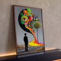 Homem de chapéu coco observa olho gigante, casas coloridas e estrada arco-íris surreal, quadro decorativo