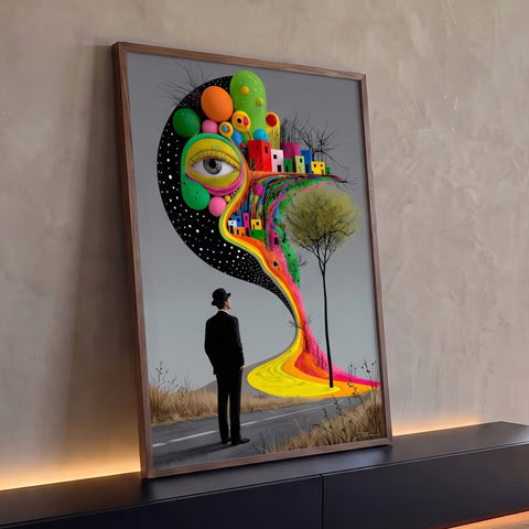 Homem de chapéu coco observa olho gigante, casas coloridas e estrada arco-íris surreal, quadro decorativo