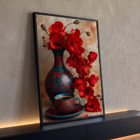 Papoulas vermelhas em vaso azul ornamentado com xícara de café sobre mesa rústica, quadro decorativo