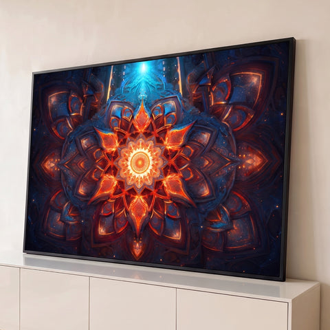 Mandala cósmica laranja brilhante sobre fundo azul estrelado com simetria fractal, quadro decorativo