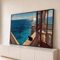 Quadro Decorativo Grande Gato Preto Varanda para Sala Azul | quadros decorativos para sala | gato preto deitado em varanda de pedra com vista para o mar e veleiro ao longe | Porao dos Quadros