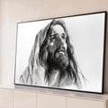Desenho a grafite de Jesus Cristo com manto e olhar elevado em preto e branco, quadro decorativo