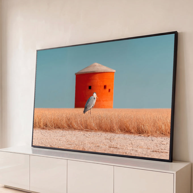 Garça cinzenta em campo de grama dourada diante de torre laranja sob céu azul, quadro decorativo