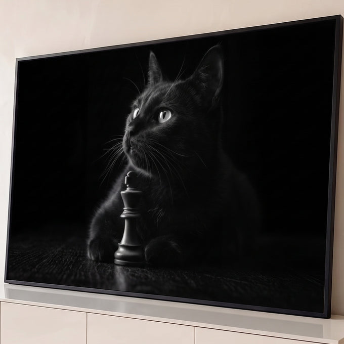 Gato preto de olhos claros deitado ao lado de um rei de xadrez em fundo escuro, quadro decorativo