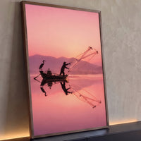 Quadro Decorativo Grande Barco Pescador Garça para Sala Rosa - Borda Infinita / 100x65cm