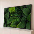 Quadro Decorativo Grande Folhagem Tropical Verde para Sala | quadros decorativos para sala | close de folhas tropicais verde escuras sobrepostas com nervuras marcadas | Porao dos Quadros