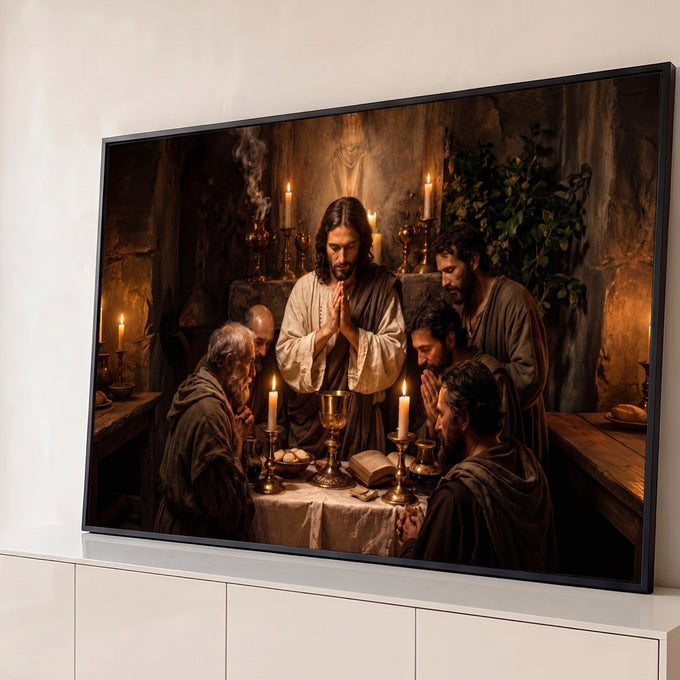 Jesus orando com os apóstolos na Santa Ceia à luz de velas, com cálice dourado e pão, quadro decorativo