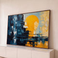 Quadro Decorativo Grande Sol Laranja para Sala Azul | quadros decorativos para sala | sol laranja abstrato sobre skyline azul escuro com reflexo na água | Porao dos Quadros