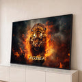 Quadro Decorativo Grande Tigre Rosnando para Sala Laranja | quadros decorativos para sala | tigre rosnando em meio a chamas e fumaça intensa | Porao dos Quadros
