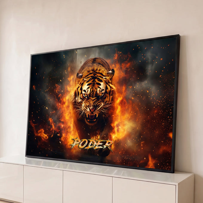 Quadro Decorativo Grande Tigre Rosnando para Sala Laranja | quadros decorativos para sala | tigre rosnando em meio a chamas e fumaça intensa | Porao dos Quadros