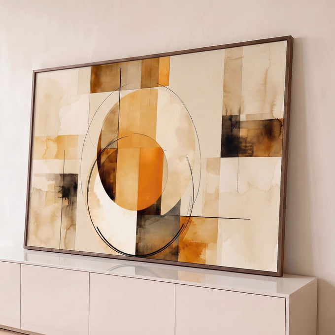 Quadro Decorativo Grande Abstrato Geometrico para Sala | quadros decorativos para sala | círculos sobrepostos em laranja e bege com blocos geométricos em aquarela | Porao dos Quadros