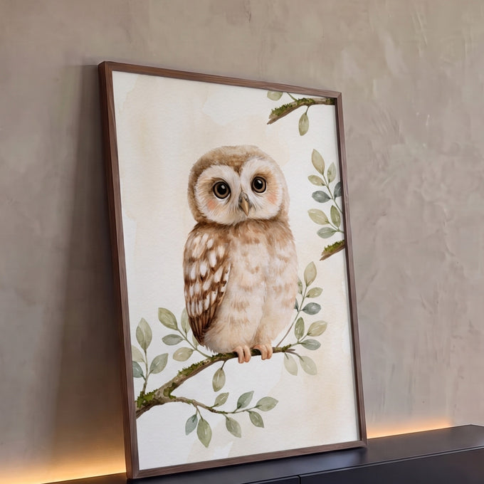 Corujinha marrom em aquarela pousada em galho com folhas verde-sálvia sobre fundo creme, quadro decorativo