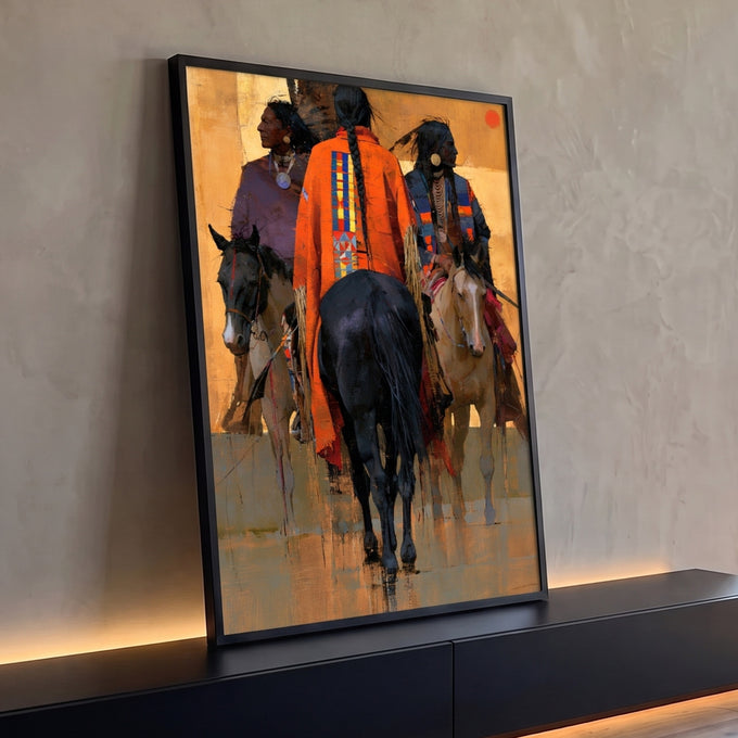 Quadro Decorativo Guerreiros Nativos a Cavalo em Tons | quadros decorativos para sala | três guerreiros nativos americanos a cavalo em tons dourados e laranja | Porao dos Quadros