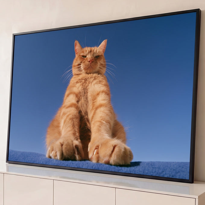 Quadro Decorativo Grande Gato Laranja para Sala Azul | quadros decorativos para sala | gato laranja sentado com patas estendidas, ângulo baixo, fundo azul | Porao dos Quadros