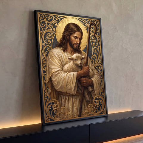 Jesus Bom Pastor abraçando cordeiro com cajado, auréola e arabescos dourados em fundo azul, quadro decorativo
