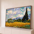 Quadro Decorativo Grande Campo de Trigo para Sala Amarelo | quadros decorativos para sala | campo de trigo dourado com ciprestes escuros e céu turquesa em espiral | Porao dos Quadros