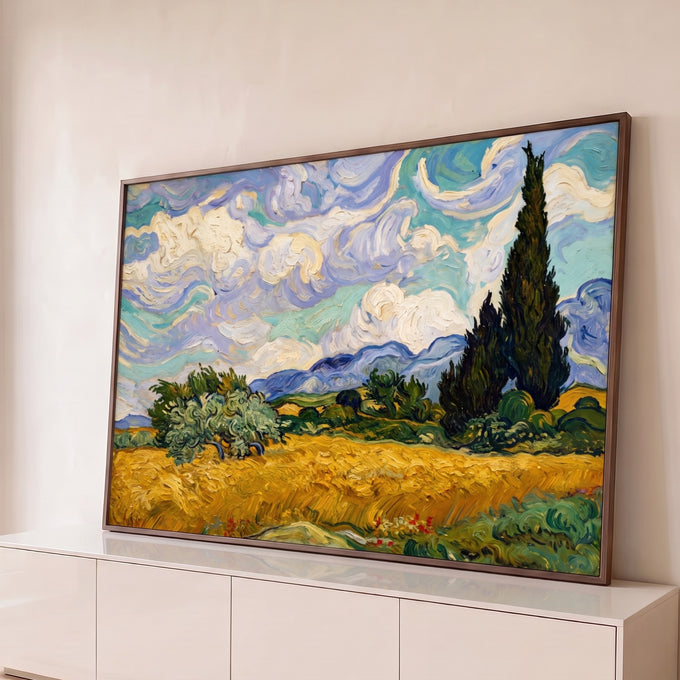 Quadro Decorativo Grande Campo de Trigo para Sala Amarelo | quadros decorativos para sala | campo de trigo dourado com ciprestes escuros e céu turquesa em espiral | Porao dos Quadros