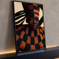 Quadro Decorativo Retrato Africano com Tocado Tribal | quadros decorativos para sala | retrato de mulher com tocado tribal tecido em vermelho preto e dourado e maquiagem gráfica | Porao dos Quadros